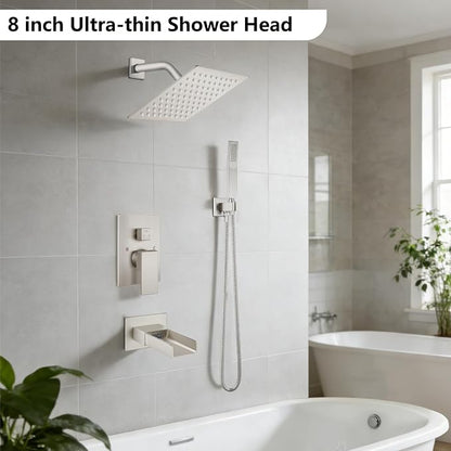 Midanya Rain Shower System Tub Shower Faucet Set Square Rainfall Waterfall Shower Head with Handheld Sprayer Tub Spout Combo Wall Mounted bathtub faucet set Rough-in Valve, 8 Inch Brushed Nickel - Image 2