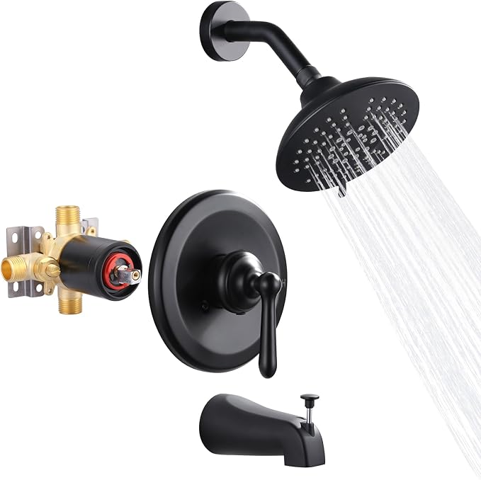 Shower Faucet Set Matte Black: ARCORA Bathtub Faucet Set with 6-Inch Rain Showerhead and Tub Spout, Single-Handle Tub and Shower Trim Kit (Valve Included) by ARCORA