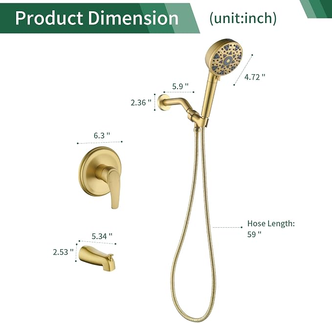 Brushed Gold Shower Faucet Set with Tub Spout Tub and Shower Faucet Set Complete with Handheld Shower Head Shower Combo Set Shower System with Tub Spout Tub and Shower Trim Kit - Image 7