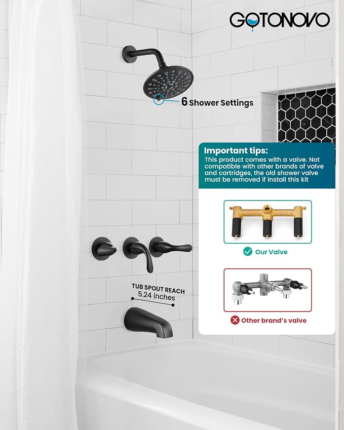gotonovo 3 Handle Tub Shower Faucet Set, Bathtub Shower Fixture,Bathroom Tub and Shower Faucet Combo Shower System Complete Tub and Shower Trim Kit with 6 Settings Showerhead Matte Black - Image 2