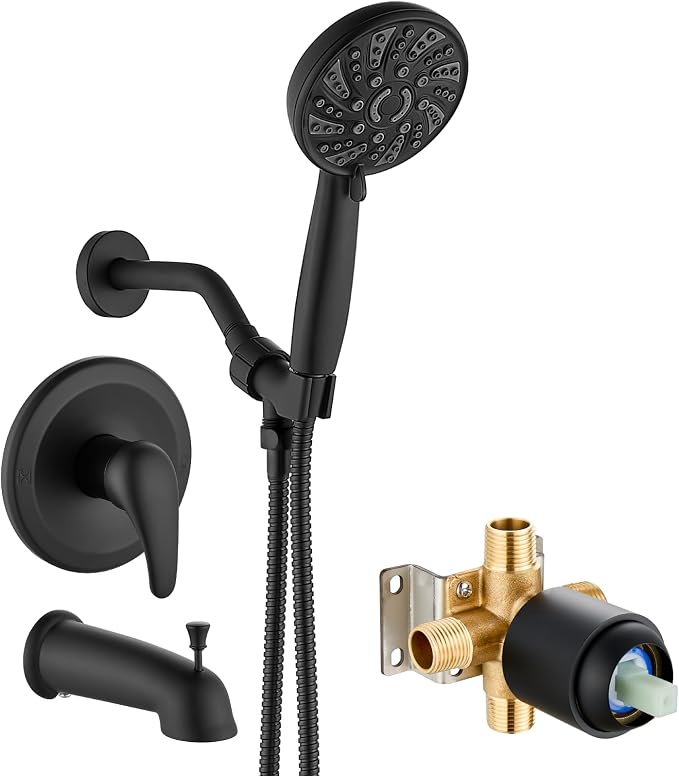 gotonovo Bathroom Shower Head Kit High Pressure Combo System Shower Faucet 6 Modes ABS Handheld Spray Shower Trim Kit Valve Included Shower Head and Handle Set Matte Black by HOME