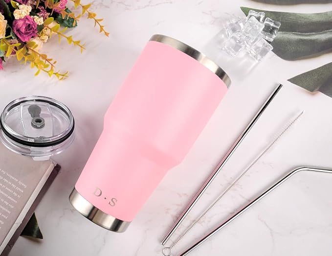 D·S 30 oz Pink Tumbler Stainless Steel Double Wall Vacuum Insulated Mug with Straw and Lid, Cleaning Brush for Cold and Hot Beverages (30oz Pink) - Image 5