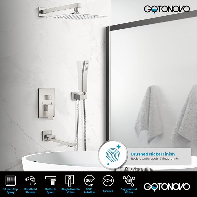 gotonovo Rainfall Tub Shower Faucet Set Bathroom Shower System with Tub Spout Wall Mount Square High Pressure Shower Fixtures with Handheld Sprayer Rough-In Valve 10'' Shower Head,Brushed Nickel - Image 2