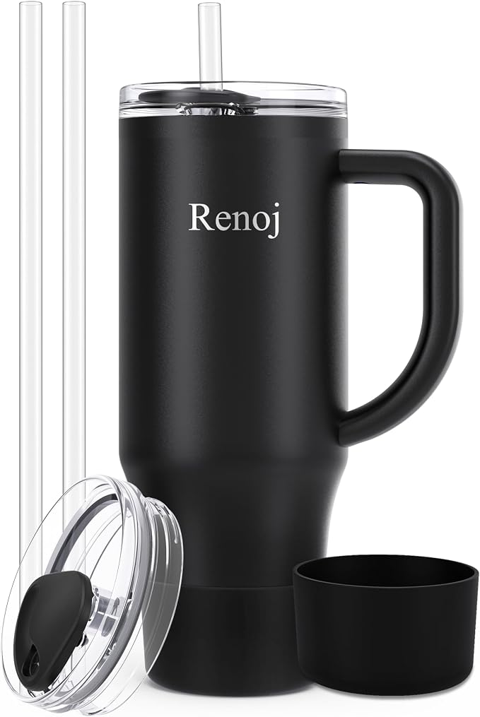 Renoj Insulated Mug 100% Spill Resistant Insulated Water Bottle for Iced Coffee & Hot Drinks - Fits Car Cup Holder, Ideal Gift, 2 Straws & Silicone Boot - FlexSlide White 32 oz by VisittheRenoj