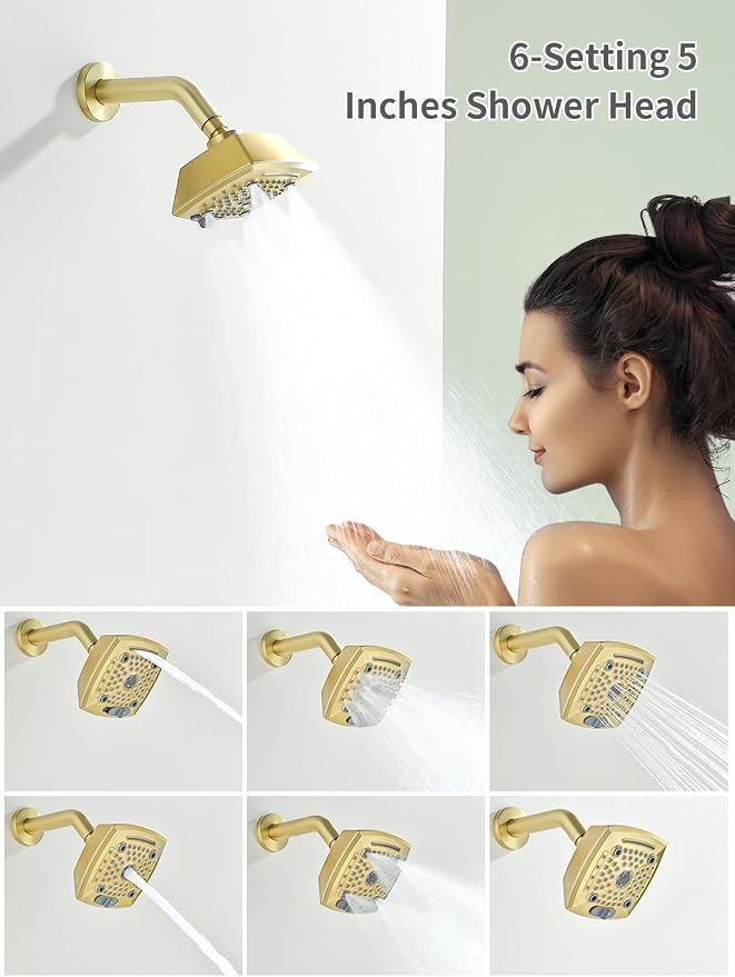 Brushed Gold Shower Faucet Set 6 Setting Shower Head 5 Inch Shower Trim Kit Modern shower valve kit High Pressure Shower Fixtures Shower System - Image 3