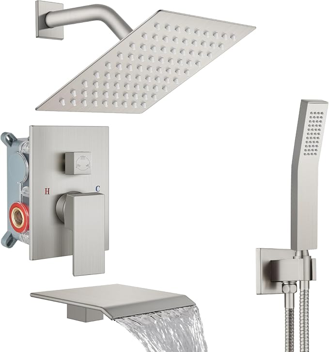 Midanya Shower System with Tub Spout,Bathtub Shower Faucet Set with Square Rainfall Head and Handheld Sprayer Wall Mount Tub Faucet Set with Valve and Trim Kit,8 Inch Brushed Nickel by Midanya