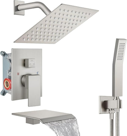 Midanya Shower System with Tub Spout,Bathtub Shower Faucet Set with Square Rainfall Head and Handheld Sprayer Wall Mount Tub Faucet Set with Valve and Trim Kit,8 Inch Brushed Nickel by Midanya