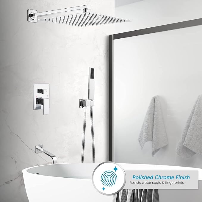 Polished Chrome Rain Shower System Tub Shower Faucet Set 12 Inch Square Rainfall Shower Head with Handheld Sprayer and Tub Spout Rough-in Valve Shower Mixer Combo Kit - Image 2