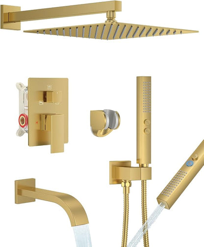Brushed Gold Shower System with Tub Spout, Wall Mounted Bathtub Shower Faucet Set, 12" Rainfall Shower Head and Handheld Shower Combo, High Pressure Shower Fixtures Set with Rough-in Valve by FAROLAN