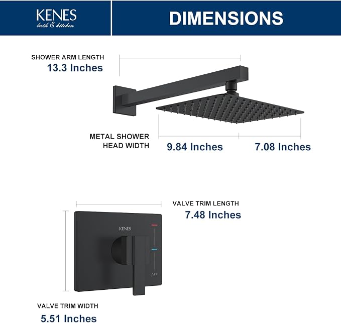 KENES Matte Black Shower Faucet with 10-Inch Shower Head and Handle Set, Square Shower Faucet Set Bathroom Rainfall Shower System Wall Mount, KE-6024B-2 (Shower Valve Included) - Image 6