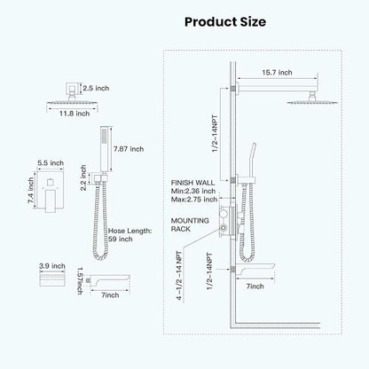 gotonovo Shower System with Tub Spout,Waterfall Tub Shower Faucet Set for Bathroom Head and Handle Set Wall Mounted 3 Function Rough-in Valve and Trim Included 12 inch Shower Head Brushed Nickel - Image 8