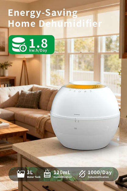 HD021 Dual 2 in 1 Dehumidifier & Humidifier Combo Small Dehumidifiers with Drain Hose 101oz Water Tank Compact Portable Air Purifier Smart Dehumidifier Auto Steam Humidifiers for Bedroom Home - Image 3