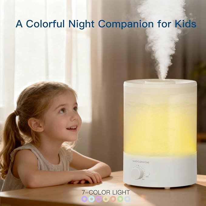 MegaWise Healthy Top-Refill Cool Mist Humidifiers for Bedroom, 24dB Ultrasonic Air Vaporizer with Water Filter for Baby [PP Material], Colorful Night Light,1 Gal Essential Oil Diffuser, Auto Shut Off - Image 2