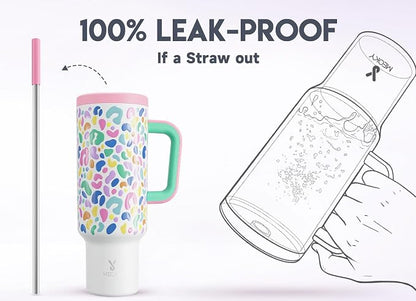 Meoky 50 oz Tumbler with Handle, Tumbler with Lid and Straw, Insulated Stainless Steel Travel Mug, 100% Leak-proof, Keeps Cold for 36 Hours or Hot for 12 Hours (Leopard) - Image 3