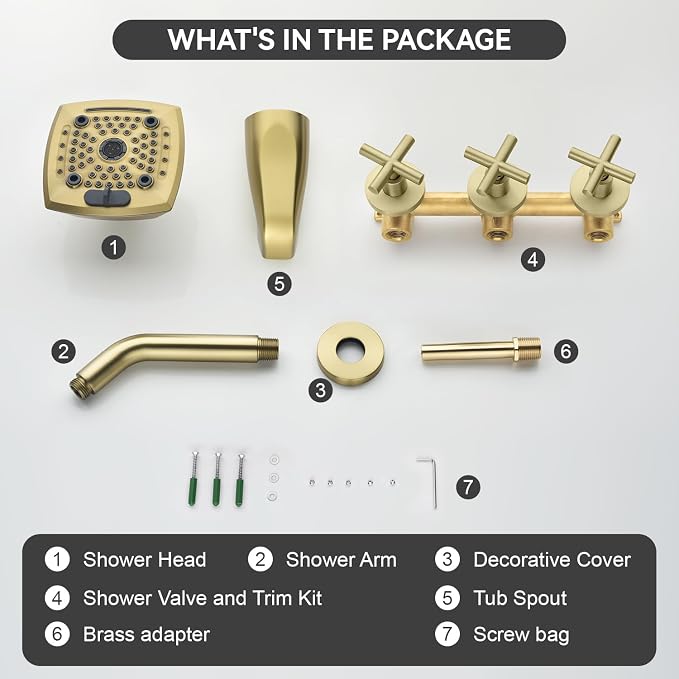 3 Handle Shower Faucet Set with Tub Spout 6-Spray Shower Head and Handle Set Shower Trim Kit with Rough-in Valve Bathroom Shower Faucet Valve Trim Kit Shower System Brushed Gold - Image 8