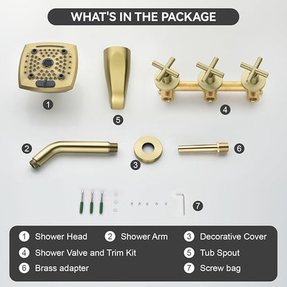 3 Handle Shower Faucet Set with Tub Spout 6-Spray Shower Head and Handle Set Shower Trim Kit with Rough-in Valve Bathroom Shower Faucet Valve Trim Kit Shower System Brushed Gold - Image 8