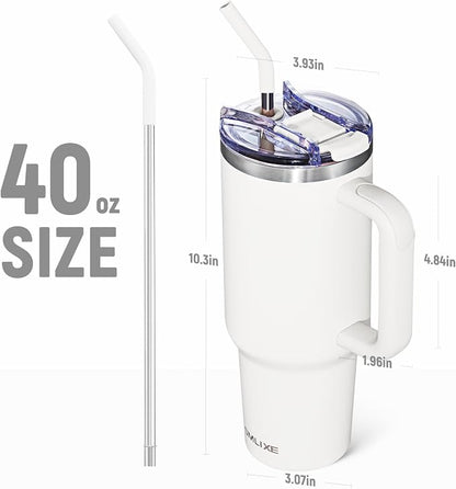 40 oz Tumbler with Handle and Straw Lid,Insulated Reusable Stainless Steel Water Bottle Travel Mug，Cupholder Friendly Double Wall Vacuum Sealed Cup (Snow) - Image 3