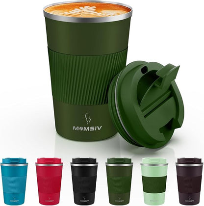 MOMSIV 12oz Travel Mug, Insulated Coffee Cup with Leakproof Lid, Vacuum Stainless Steel Double Walled Reusable Tumbler for Hot and Cold Water Coffee and Tea In Travel and Car Armygreen 380ML by MOMSIV