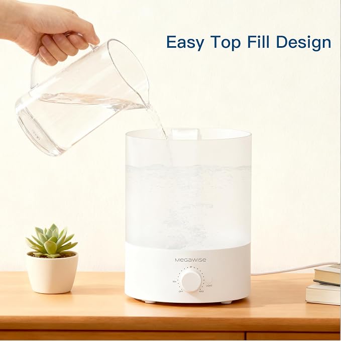 MegaWise Healthy Top-Refill Cool Mist Humidifiers for Bedroom, 24dB Ultrasonic Air Vaporizer with Water Filter for Baby [PP Material], Colorful Night Light,1 Gal Essential Oil Diffuser, Auto Shut Off - Image 6