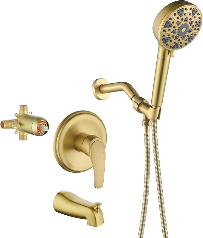 Brushed Gold Shower Faucet Set with Tub Spout Tub and Shower Faucet Set Complete with Handheld Shower Head Shower Combo Set Shower System with Tub Spout Tub and Shower Trim Kit by SHAMANDA