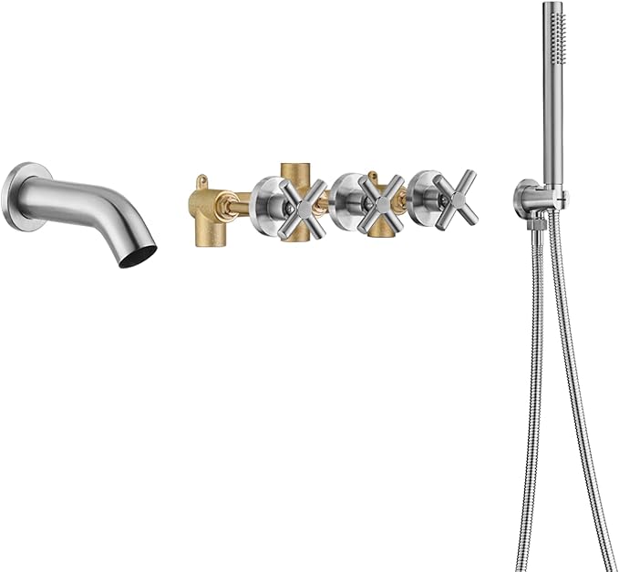 sumerain 3 Handle Wall Mount Tub Faucet with Sprayer, High Flow Waterfall Bathtub Faucet Brushed Nickel by SUMERAINFAUCETS