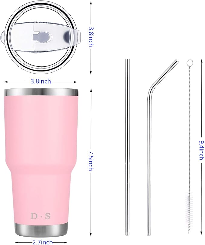 D·S 30 oz Pink Tumbler Stainless Steel Double Wall Vacuum Insulated Mug with Straw and Lid, Cleaning Brush for Cold and Hot Beverages (30oz Pink) - Image 2