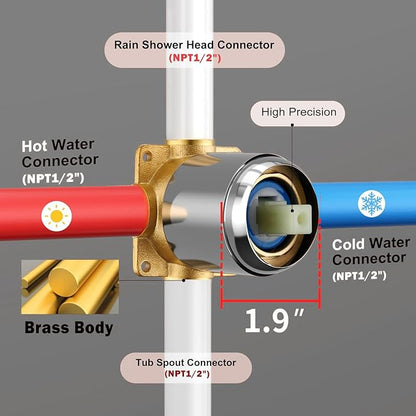 Shower Faucet Set with Tub Spout, 8 Inch Square Wall Mounted Rainfall Shower Head with Rough-in Valve Body, Bathroom Shower Trim Kit Single Function RV Shower System(Chrome) - Image 6