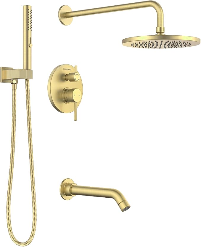 Lava Odoro Modern 3-Setting Round Rain Bathtub and Shower Faucet Set, Gold Rainfall Shower Head and Handle Set, Rain Shower System with Tub Spout, Shower Valve Trim Kit, Brushed Gold, SF104-SG-T by LavaOdoro