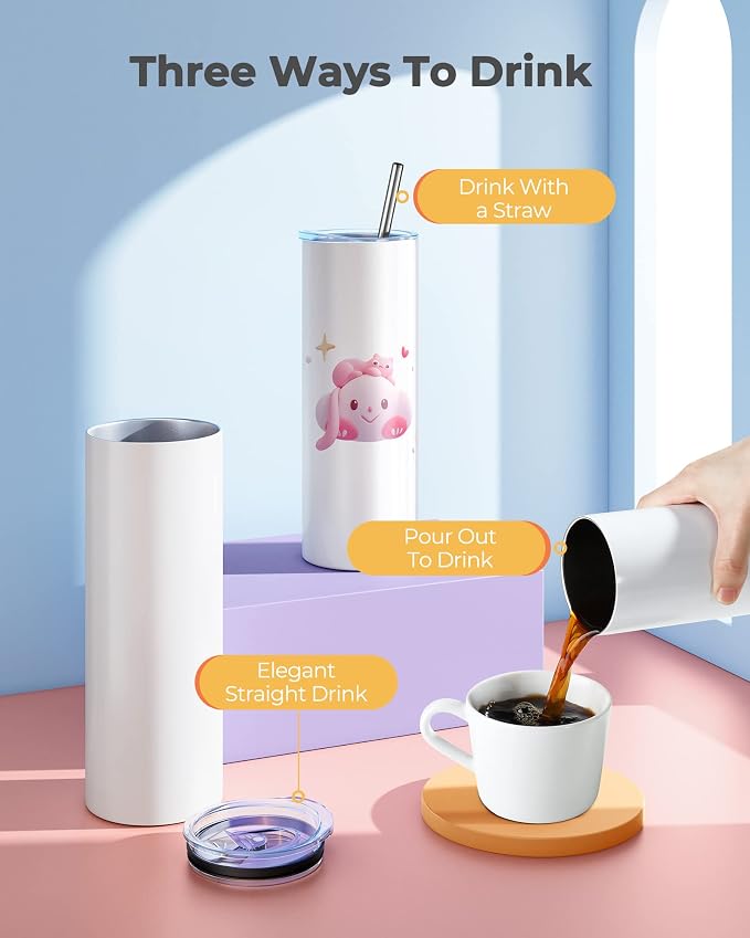 Hiipoo 8 Pack Sublimation Tumblers Blank 20 oz Straight Skinny with Sublimation Papers, Lids and Straws, Shrink Wrap Films, Stainless Steel Double Wall Insulated Tumbler for Mug Press Machine - Image 6