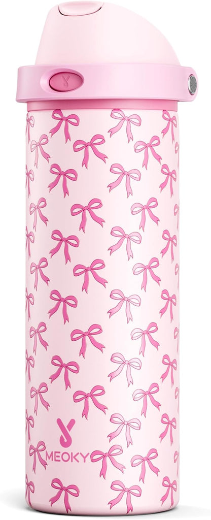 24 oz Insulated Water Bottle for Women: Meoky Stainless Steel Metal Water Bottle with 2-in-1 Straw and Spout Lid - Leak Proof, Cold for 24 Hours, Protective Silicone Base, BPA-Free for School, Bow by MEOKY