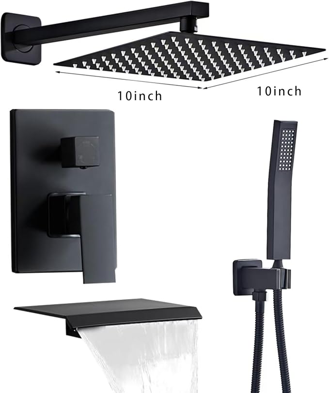 Matte Black Shower Faucet Set with Tub Spout 10 Inch, Shower Head and Handle with 2 Hooks, Tub and Shower Faucet Combo, Rain Shower and Handheld Shower System Square Wall Mount for Bathroom - Image 2