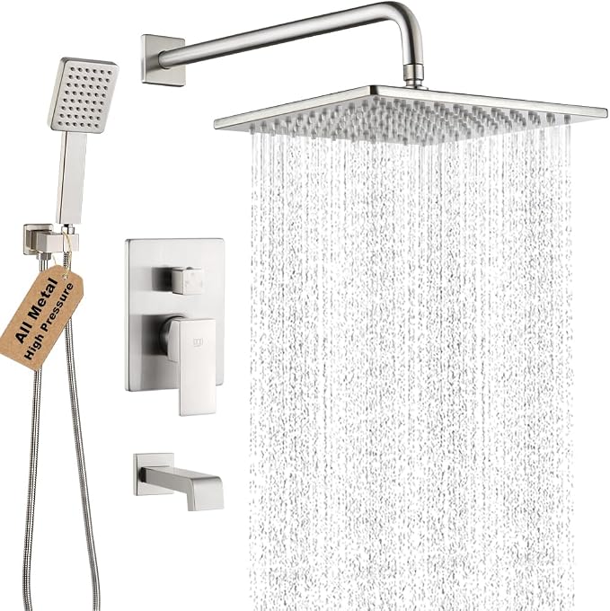 POP SANITARYWARE Shower Tub Faucet Set Brushed Nickel Bathroom Rain Shower System with Tub Spout Wall Mounted Rainfall 10 Inch Thickened Shower Head and Handle Set Include Shower Valve and Trim Kit by POPSANITARYWARE