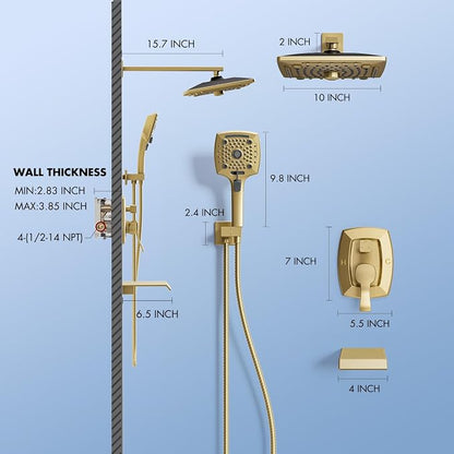 ELLO&ALLO Bathroom Shower Faucet Set Mixing Valve and Trim Kit, Complete Shower System with Tub Spout, Brushed Gold - Image 5