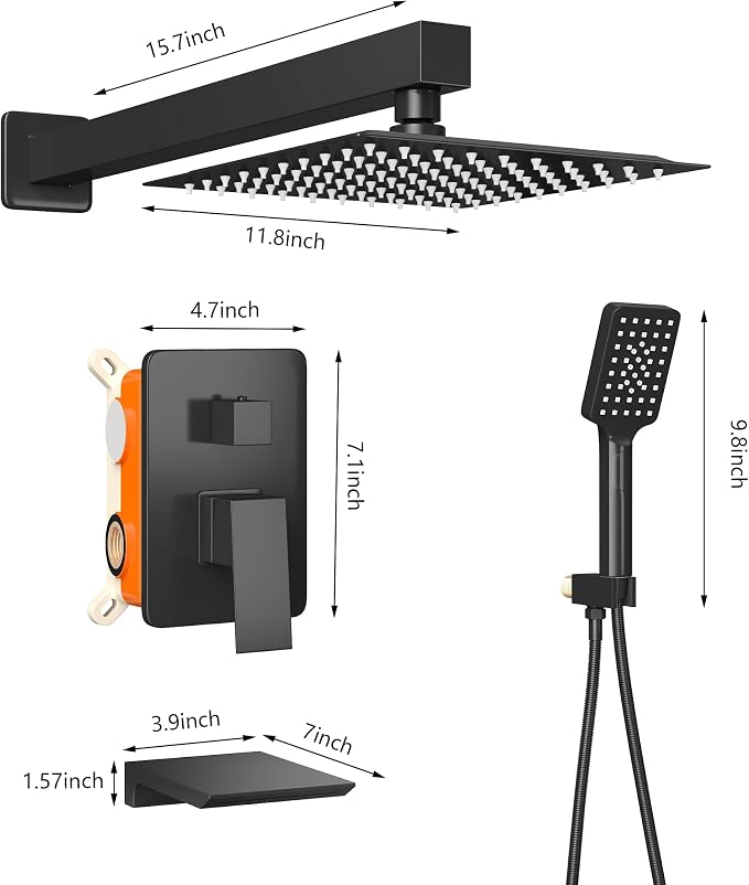 Shower Faucet Set Complete Matte Black Shower System with 12 inch Square Rainfall Shower Head 3-Function Handheld Shower Waterfall Bathtub Spout Rain Shower Combo Set Bathroom Wall Mounted - Image 7