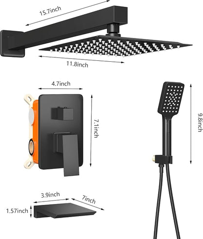 Shower Faucet Set Complete Matte Black Shower System with 12 inch Square Rainfall Shower Head 3-Function Handheld Shower Waterfall Bathtub Spout Rain Shower Combo Set Bathroom Wall Mounted - Image 7