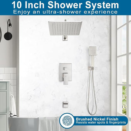 POP SANITARYWARE Shower Tub Faucet Set Brushed Nickel Bathroom Rain Shower System with Tub Spout Wall Mounted Rainfall 10 Inch Thickened Shower Head and Handle Set Include Shower Valve and Trim Kit - Image 2