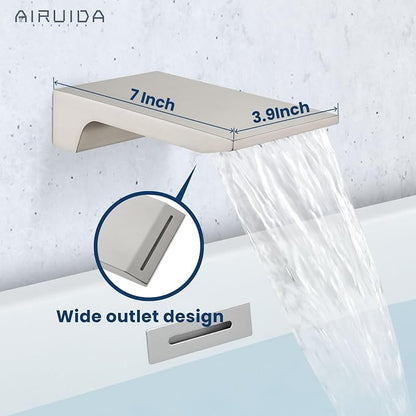 Airuida Wall Mount Tub Faucet with Waterfall Tub Spout Wall Mounted Bathtub Faucet with Handheld Shower Single Handle Tub Filler Shower Faucet Set with Rough-in valve Straight Spout Brushed Nickel - Image 3