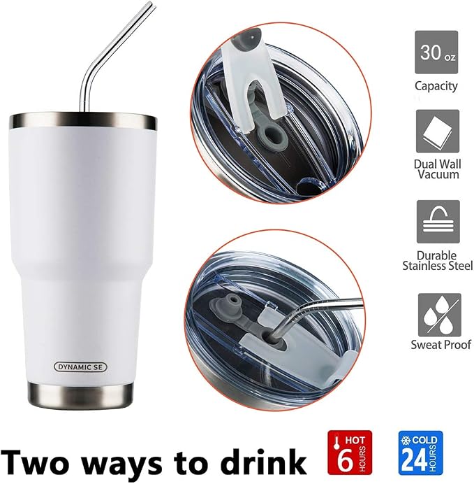 D·S 30oz White Tumbler Stainless Steel Double Wall Vacuum Insulated Mug with Straw and Lid, Cleaning Brush for Cold and Hot Beverages (30oz White) - Image 3