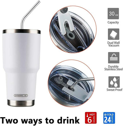 D·S 30oz White Tumbler Stainless Steel Double Wall Vacuum Insulated Mug with Straw and Lid, Cleaning Brush for Cold and Hot Beverages (30oz White) - Image 3