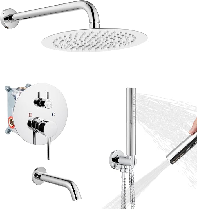 Airuida 3-Function Rain Shower System Set – Wall Mount Tub Shower Combo with Handheld Shower and Tub Spout,10 Inch Shower Head,Chrome Polish by Airuida