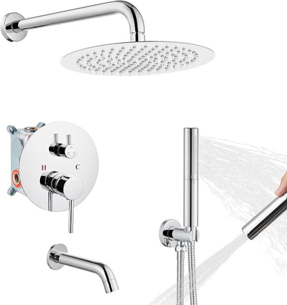 Airuida 3-Function Rain Shower System Set – Wall Mount Tub Shower Combo with Handheld Shower and Tub Spout,10 Inch Shower Head,Chrome Polish by Airuida