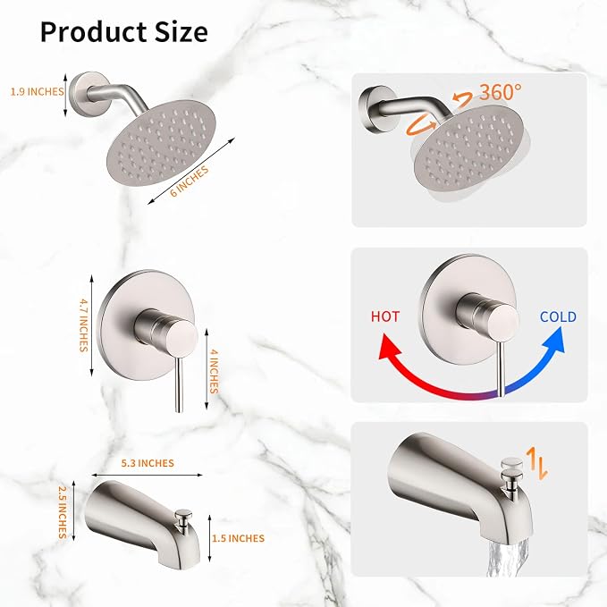 Brushed Nickel Tub Shower Faucet Set Complete with 6-Inch Rainfall Shower Head and Tub Spout Included Shower Valve Tub Shower Trim Kit Round - Image 3