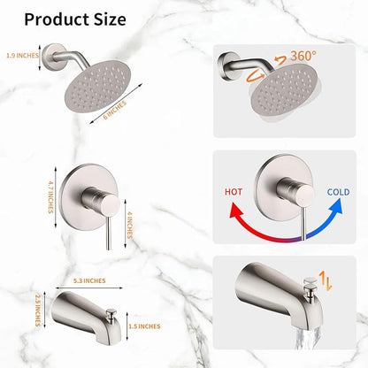Brushed Nickel Tub Shower Faucet Set Complete with 6-Inch Rainfall Shower Head and Tub Spout Included Shower Valve Tub Shower Trim Kit Round - Image 3