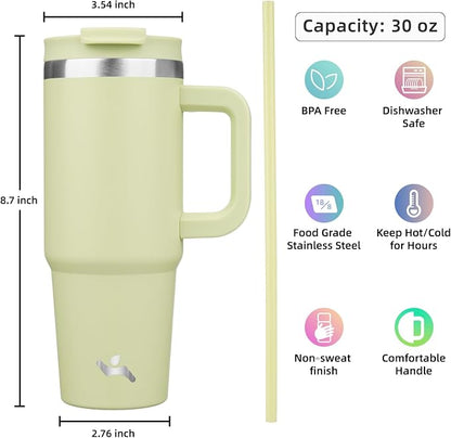 Konokyo 30 oz Tumbler with Handle and 2 Straws,2 in 1 Lid Insulated Water Bottle Stainless Steel Travel Coffee Mug,Macaron Green - Image 4
