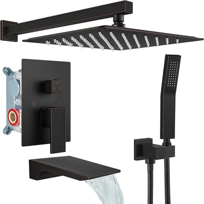 gotonovo Shower System with Tub Spout,Waterfall Tub Shower Faucet Set for Bathroom Head and Handle Set Wall Mounted 3 Function Rough-in Valve and Trim Included 12 inch Shower Head Oil Rubbed Bronze by HOME