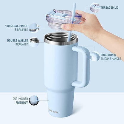 40 oz Tumbler with Handle and Straw Lid,Insulated Reusable Stainless Steel Water Bottle Travel Mug，Cupholder Friendly Double Wall Vacuum Sealed Cup (Sky Blue) - Image 2