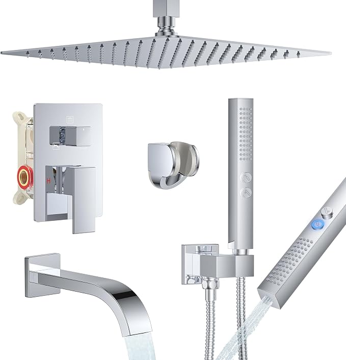 Chrome Shower System with Tub Spout, Ceiling Mounted Bathtub Shower Faucet Set, 12" Rainfall Shower Head and Handheld Shower Combo, High Pressure Shower Fixtures Set with Rough-in Valve by FAROLAN