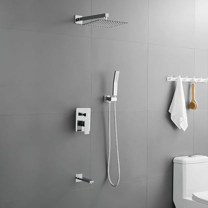 ROVOGO Bathtub Shower Faucet Set with Valve, Shower System with Tub Spout, 10-in. Rain Shower and Handheld, Square Shower Fixtures All Metal Wall Mount, Chrome - Image 2