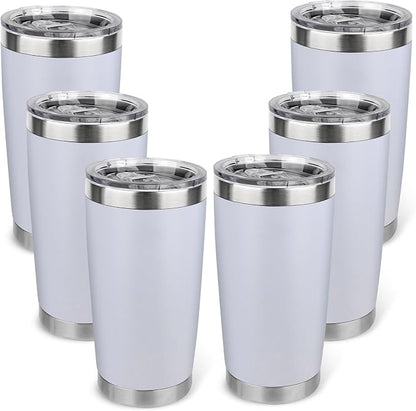 20oz Stainless Steel Tumbler Bulk with Lid, Travel Mug - Double Wall Vacuum Powder Coated Cup - White, 6 Pack by Unknown
