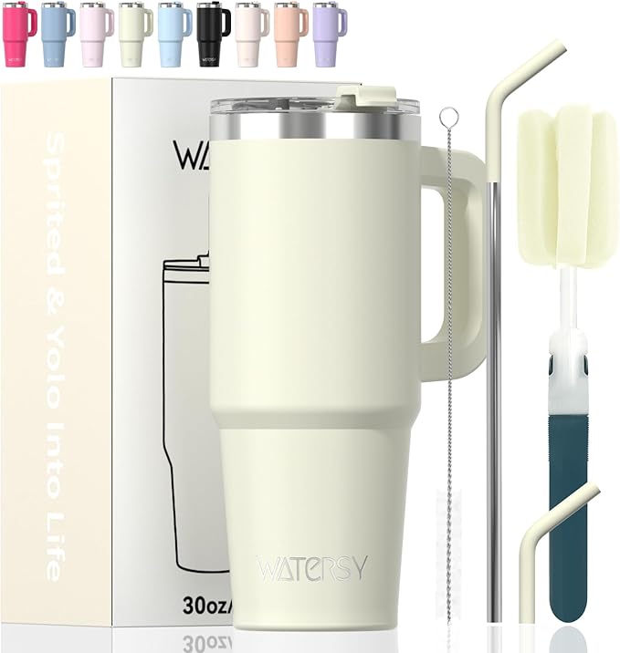 30 oz Tumbler with Handle,Tumbler with Lid and Straw,Double Wall Insulated Cup Stainless Steel Travel Mug(Cold for 34 Hours),Water Bottle for Iced Tea,Coffee,Cold Beverages(Cream White) by Watersy